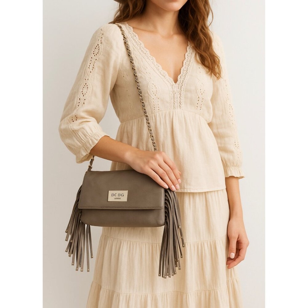 Fringe Crossbody Bag Boho Chic Festival Gray Faux Leather Chain Strap BCBG Paris